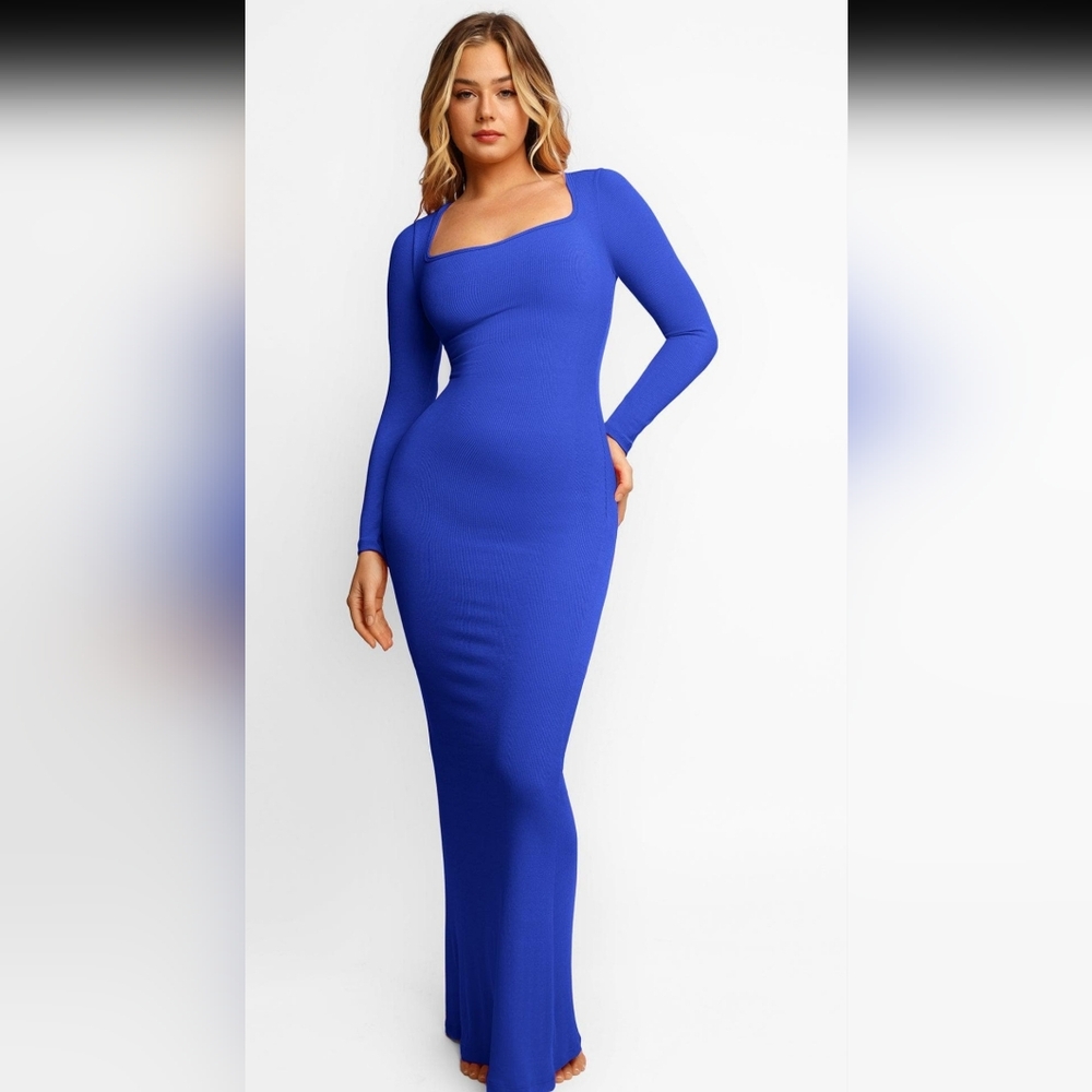 POPILUSH Shapewear Square Neck Long Sleeve Slimming Modal Maxi Dress Blue XL